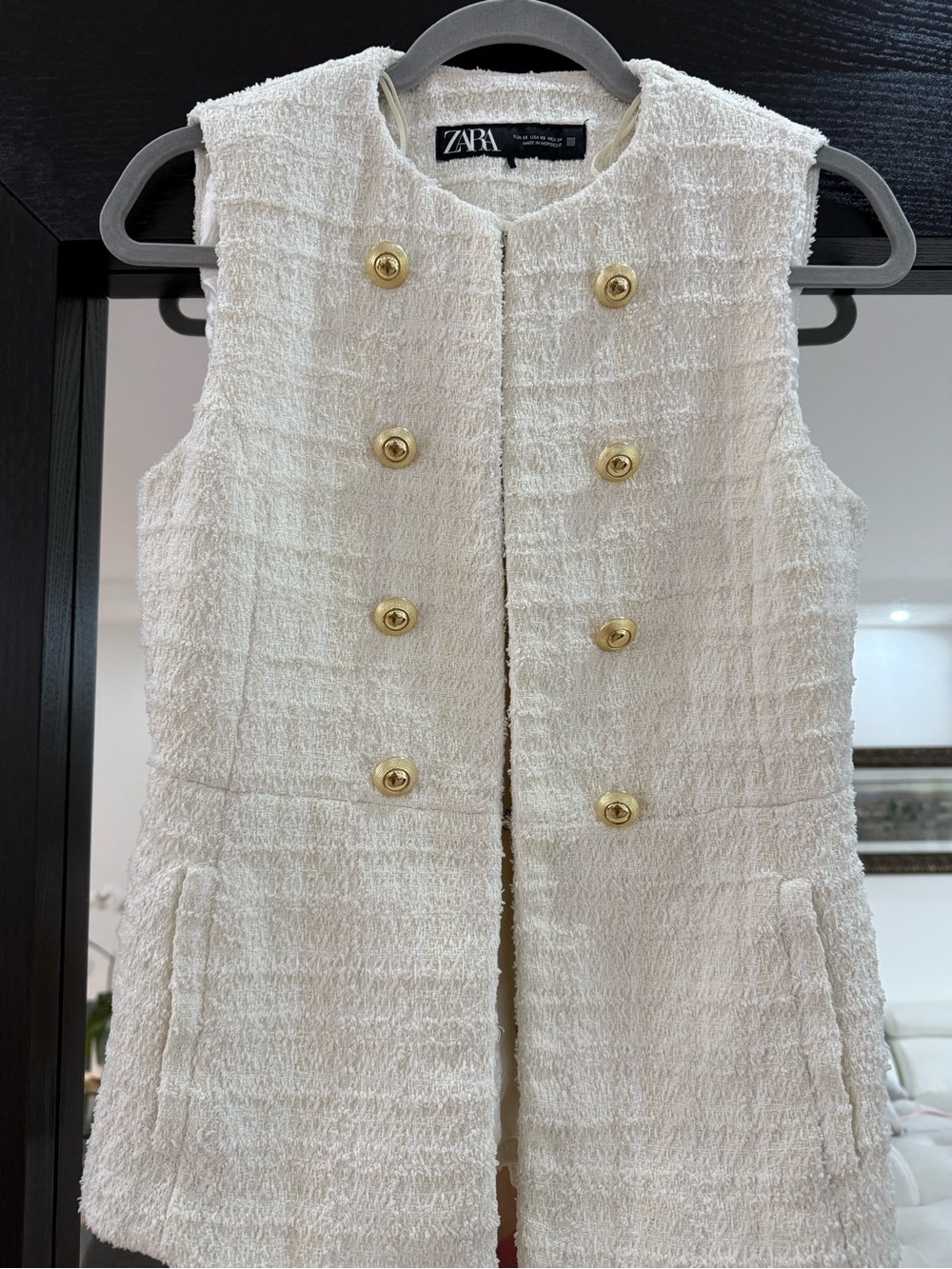 Zara Ivory Tweed Sleeveless Vest with Gold Buttons
